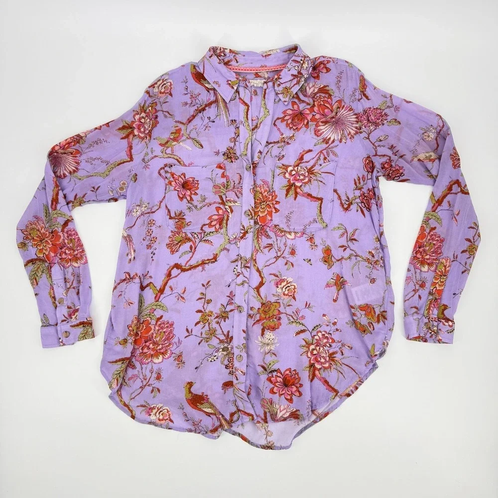 Pilcro Floral Bird Button Down Shirt Womens Sm Purple Viscose Blouse - Picture 1 of 8